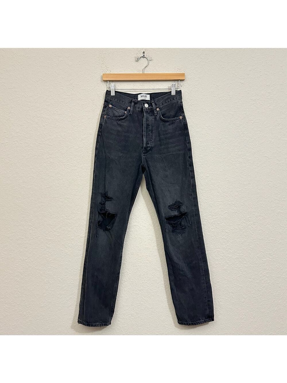 AGOLDE 90S Jeans Black Distressed High Rise Button Fly Straight Grunge